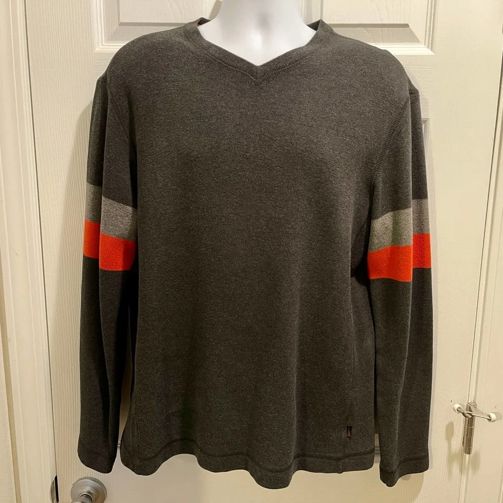 Banana Republic Mens Medium V-Neck Sweater Pullover Gray+Stripe Sleeve 400 S1262